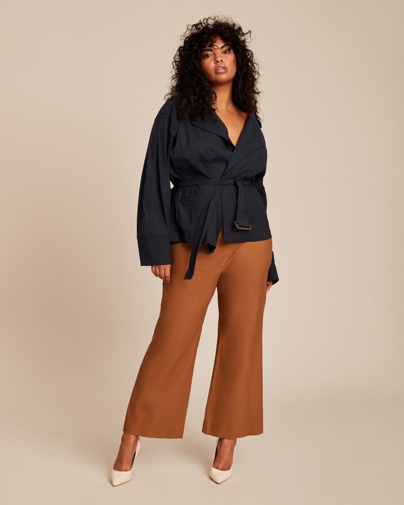 Front of a model wearing a size 18 Kick Flare Crop Pant in BROWN by Vince. | dia_product_style_image_id:231230